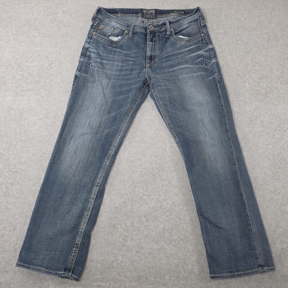 Salvage Anarchy Relaxed Straight Jeans Mens 36x31 Blue Stretch Denim Buckle